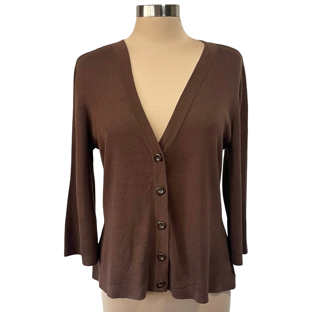Coldwater Creek Silk Cardigan Sweater V-neck Size L 14-16 Brown Classic Career